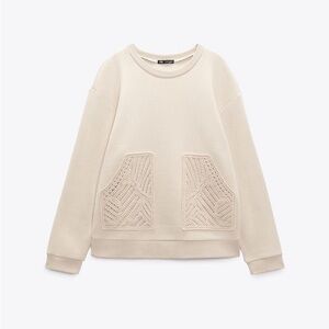 ZARA Women’s Light Beige Round Neck Sweatshirt Tricot Patch Pockets Size Medium